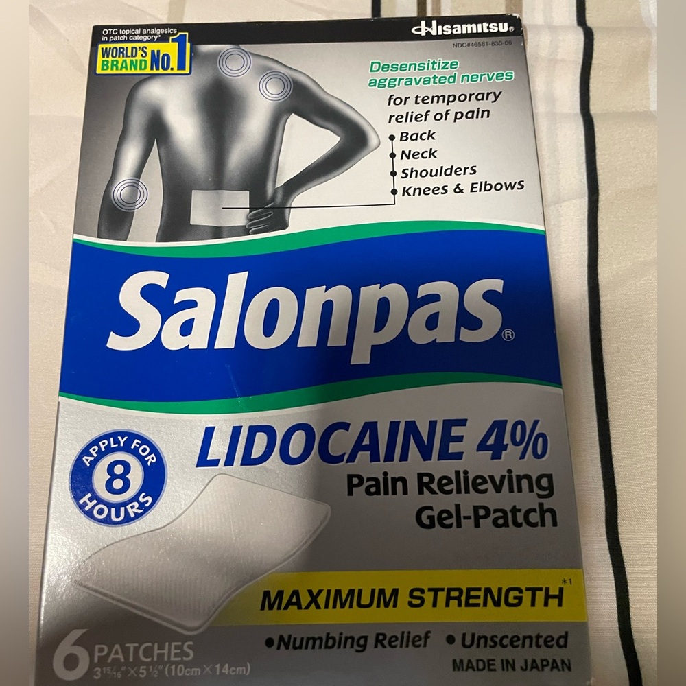 New pack of 6 Salonpas Lidocaine 4% Gel Patches NIB